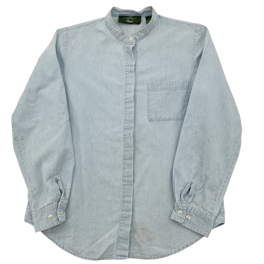 Orvis Denim Shirt Womens 6 Light Blue Band Collar Cotton Relaxed Vintage Utility